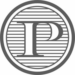 Logo con lettera "P" grigia su sfondo di linee orizzontali in cerchio.