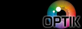 Bunte Iris mit dem Wort "OPTIK" auf schwarzem Hintergrund.