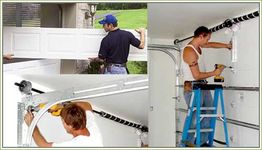 Men installing and repairing a garage door, using drills and other tools.