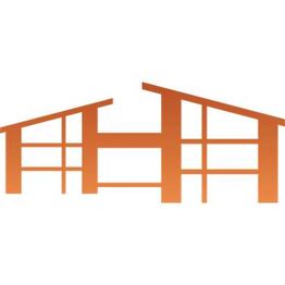 Abstraktes orangefarbenes Gebäude-Designsymbol auf weißem Hintergrund.