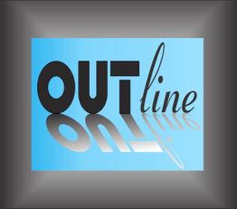 Texto "Outline" em fundo azul com efeitos de sombra e reflexo.