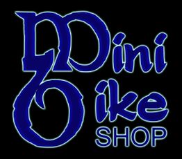 Logo mit blauem Text "Mini Bike Shop" auf schwarzem Hintergrund.