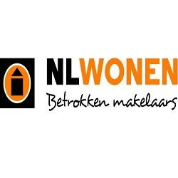 Logo van NL Wonen met slogan "Betrokken makelaars" en een oranje huisje in een zwart vak.