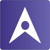 White arrow-shaped logo with a circle inside on a purple background.