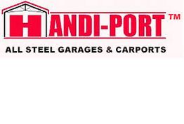 Handi-Port logo with tagline: "All Steel Garages & Carports" in red and black text.