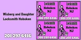 Wisberg and Daughter Locksmith Hoboken ad with phone number 201-297-6416 on a purple background.