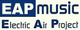 Logo mit Text: "EAP Music - Electric Air Project" in blauer Schrift auf weißem Hintergrund.