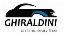 Logotipo com silhueta de carro, texto "GHIRALDINI" e slogan "on time, every time".