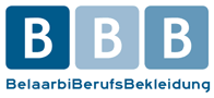 Logo mit drei blauen Quadraten, Buchstaben B und Text "BelaarbiBerufsBekleidung".