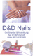 Hände mit gepflegten Nägeln, D&D Nails-Logo, Kontaktinfos und Nagelzubehör auf dem Tisch.