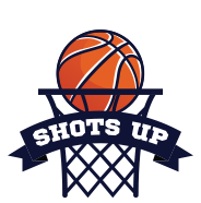 Basketball on fire above a hoop with "Shots Up" banner.