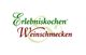 Schriftzug "Erlebniskochen & Weinschmecken" in Grün und Rot auf weißem Hintergrund.