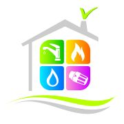 Symbole für Wasser, Feuer, Tropfen, Heizung in einem stilisierten Haus, mit grünem Häkchen.
