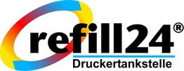 Logo von refill24 mit buntem Kreis und Schriftzug "Druckertankstelle".