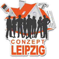 Schattenrisse von Menschen vor einem Haus mit oranger Schrift: "Conzept Leipzig".