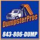 DumpsterPros logo with a truck and number 843-806-DUMP on a blue background.