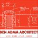 Architectural blueprint of a stone door and window, labeled "Ben Adam Architect" with tagline.