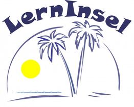 Logo mit "LernInsel", Palmen, einer gelben Sonne und blauen Linien, die Wellen symbolisieren.