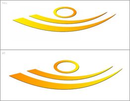 Zwei orange-gelbe geschwungene Linien mit Kreis darüber, oben heller, unten dunkler.