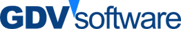 Logo von GDV Software in blauer Schrift.