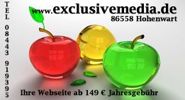 Transparente Äpfel in Rot, Gelb und Grün, Webadresse und Kontaktinformationen von exclusivemedia.de.