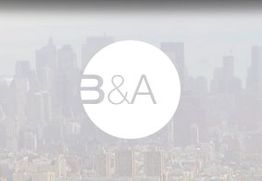B&A logo over a faded city skyline background.