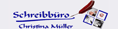 Logo "Schreibbüro Christina Müller" mit Feder und Bildern von Schreibutensilien.