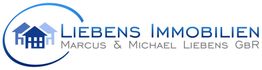 Logo von Liebens Immobilien mit zwei blauen Häusern und dem Text "Marcus & Michael Liebens GbR".