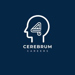 Outline of a head with a stylized brain logo, "Cerebrum Careers" below on a dark blue background.