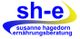 Logo mit Schriftzug "sh-e" und "susanne hagedorn ernährungsberatung" in Blau mit gelben Akzent.