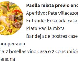 Paella mixta con menú: paté, ensalada, postres, y bebida. Imagen de paella en miniatura.