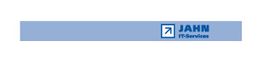 Blaues Logo "JAHN IT-Services" mit Pfeil in einem Rechteck auf blauem Hintergrund.
