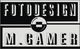 Logo mit Schriftzug: "Fotodesign M. Gamer", schwarz-weiß, geometrische Grafik in der Mitte.