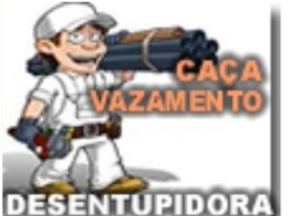 Desenho de encanador sorridente com tubos. Texto: "Caça Vazamento Desentupidora".