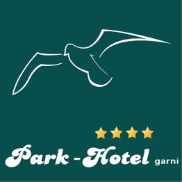 Logo mit Möwen-Silhouette, darunter "Park-Hotel garni" und vier goldene Sterne auf grünem Hintergrund.
