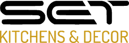 Logo with black "SET" text above gold "KITCHENS & DECOR" text.
