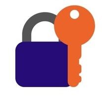 Blue padlock with an overlapping orange key, symbolizing security and access.