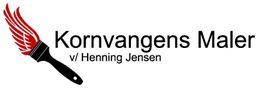 Pensel med røde streger og tekst: "Kornvangens Maler v/ Henning Jensen".