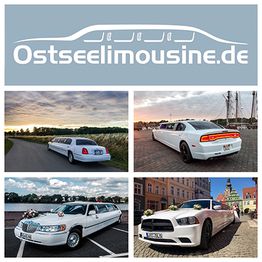 Weiße Limousinen und Sportwagen im Freien mit ostseelimousine.de-Logo über den Bildern.