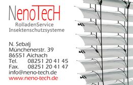 NenoTech Visitenkarte mit Kontaktinfos und Bild von Rollladensystemen auf der rechten Seite.