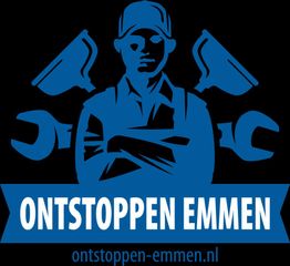 Blauw logo van Ontstoppen Emmen met monteur en gereedschap, website vermeld onderaan.
