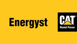Gele achtergrond met zwarte tekst: "Energyst". Rechts CAT-logo met "Rental Power".