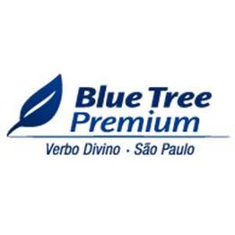 Logotipo do Blue Tree Premium Verbo Divino, São Paulo, com uma folha azul à esquerda.