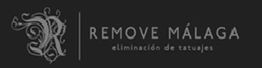 Logotipo de Remove Málaga: Eliminación de tatuajes en fondo negro con diseño decorativo.