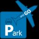 Parkplatz-Logo mit Auto und Flugzeuggrafik, Text: "Park and GO" in Blau.