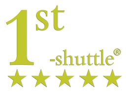 1st-shuttle-Logo in grün mit fünf Sternen darunter.