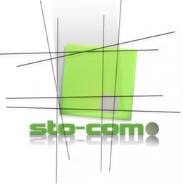 Grünes Quadrat hinter Linien, darunter der Text "sto-com".