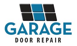 Logo with blue and black rectangles above the words "Garage Door Repair" in bold font.