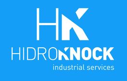 Logo de "Hidroknock industrial services" en fondo azul.