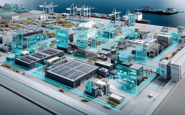 Modernes energieeffizientes Logistikzentrum mit LED-Hochregallagern, Solarpaneelen, elektrischen Gabelstaplern und emissionsarmen Schiffen im Hafen.